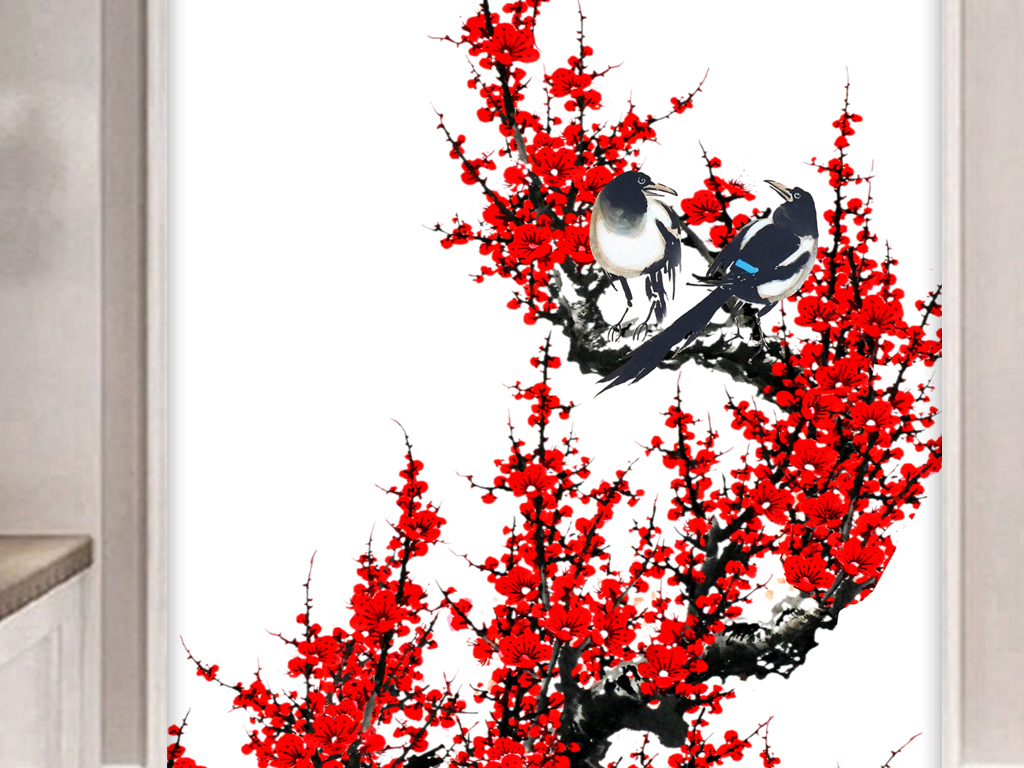 喜上眉梢新中式红梅花鸟玄关过道背景墙墙画下载-编号