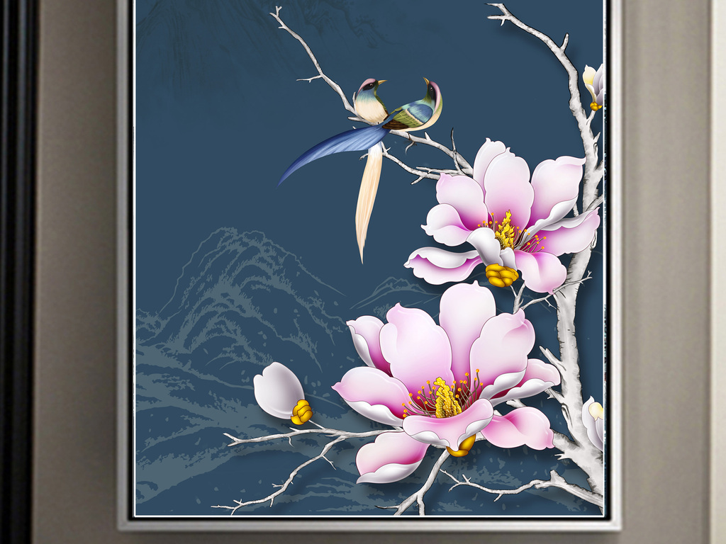 新中式玉兰花鸟满堂富贵玄关装饰画