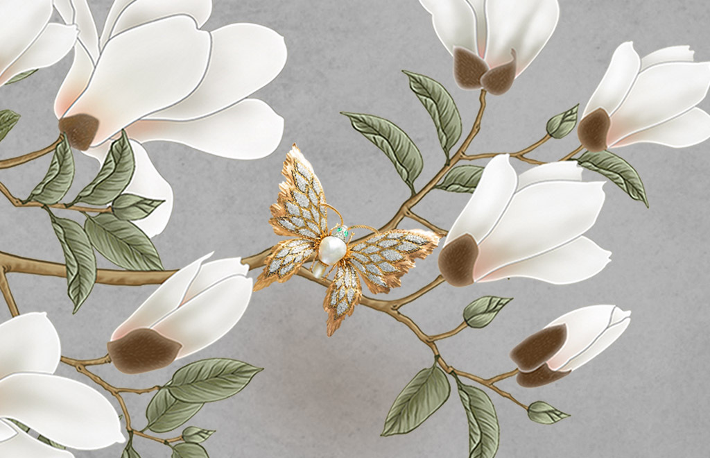 原创新中式水墨山水玉兰花床头画装饰画无框画