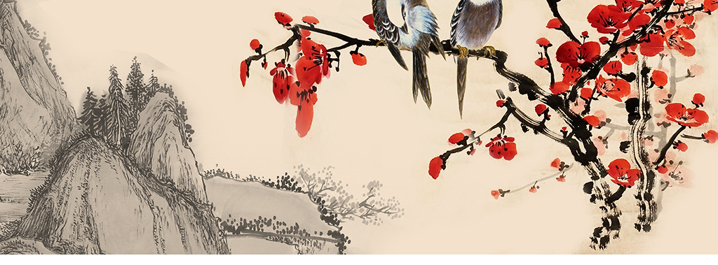 喜上眉梢水墨梅花山水中式玄关装饰画