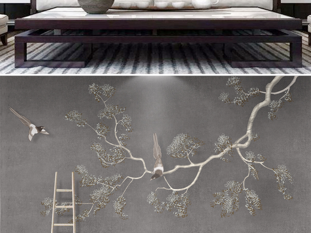 新中式灰色大气简约客厅背景墙壁画.psd