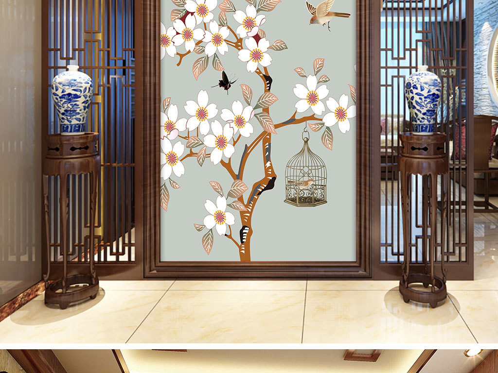 新中式中国风花鸟玄关背景墙装饰画