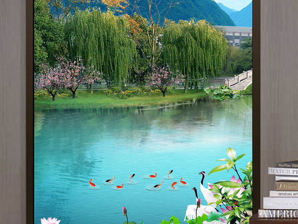 高清中式花鸟山水花朵玄关画背景墙