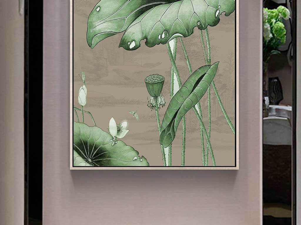 新中式唯美淡雅工笔荷花玄关装饰画